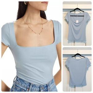 Reformation Bardot Knit Top - Deep Square Neck in Pastel Powder Blue - Sz S
